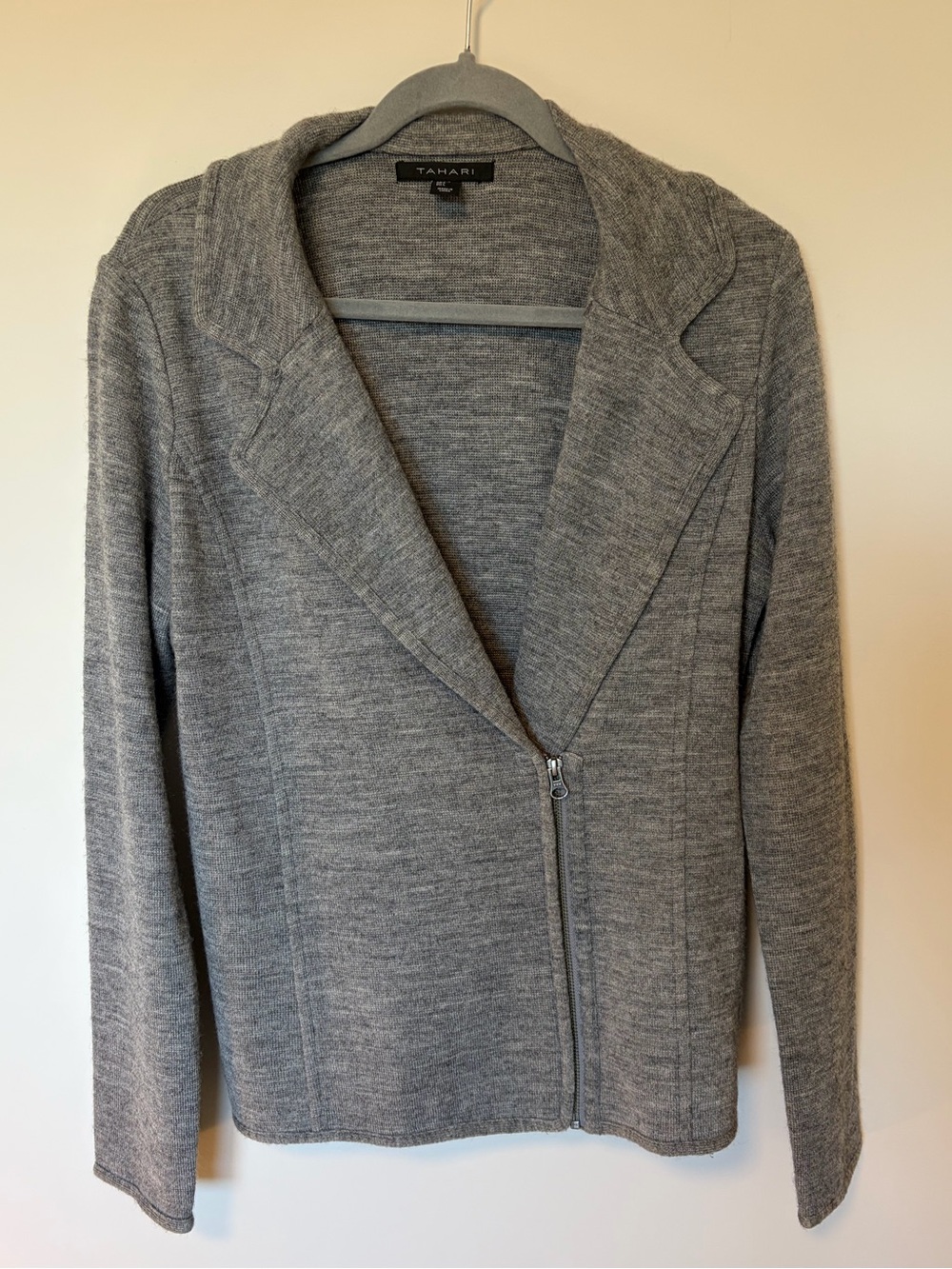 Tahari Extra Fine Merino Wool Blend Moto Style Knit Assymetric Zip Cardigan